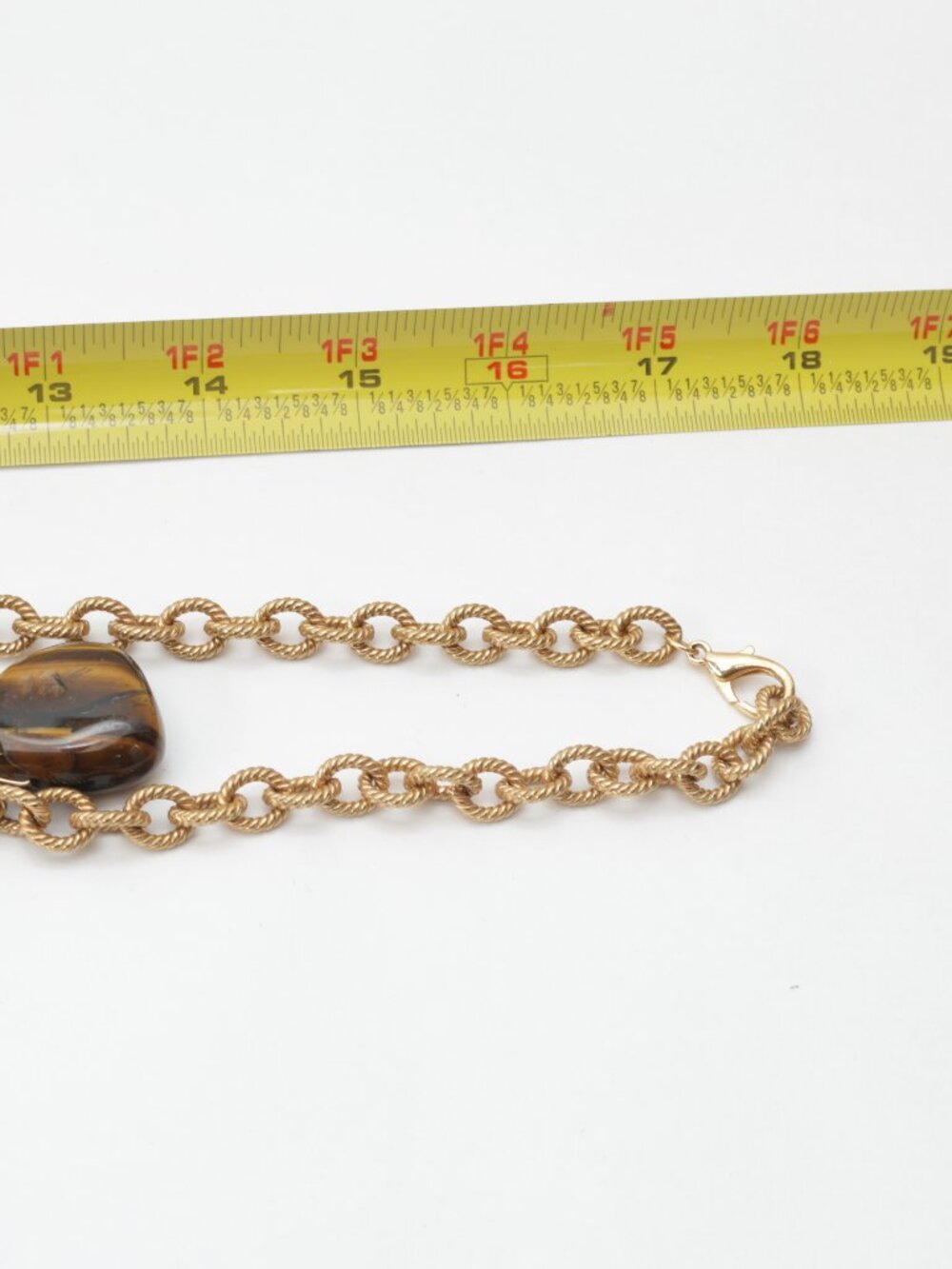 Vintage long genuine tiger's eye natural stone necklace on gold tone chain heavy - Picture 7 of 9